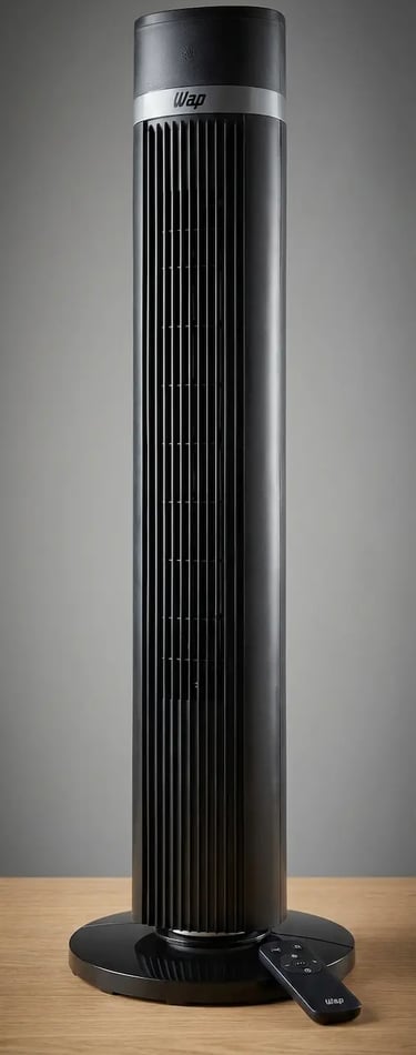 Sleek black WAP tower fan with remote control on a wooden table for modern home cooling.