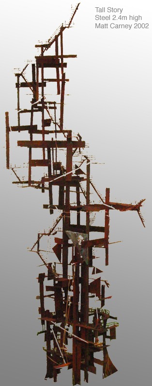 Steel sculpture of a tall tower with exposed staircases 