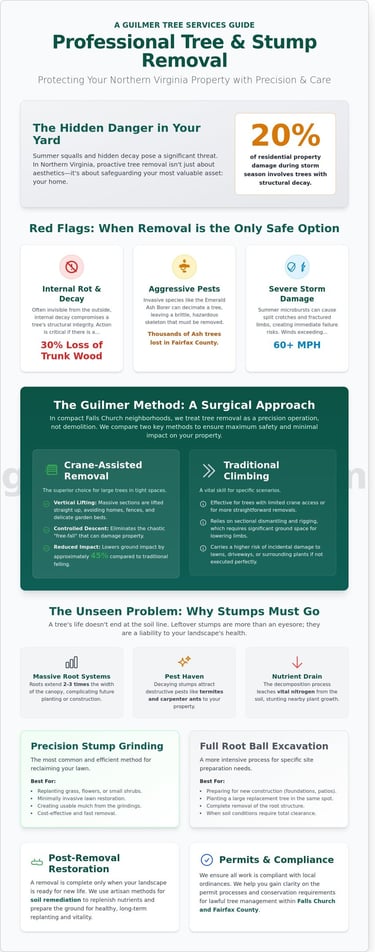 Infographic on professional tree and stump removal in Falls Church, VA with guidance for local homeowners.