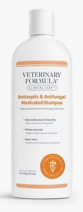 a bottle of veterinary fromula antiseptic and antifungal shampoo