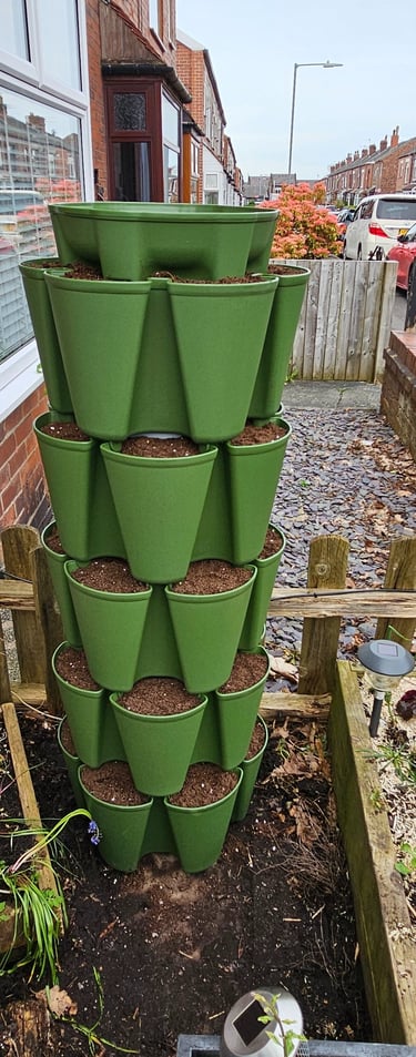Greenstalk original tower planter filled with compost in front garden