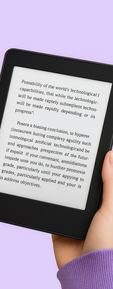 Persona sosteniendo un e-reader con libro digital abierto, representando lectura accesible y educación tecnológica