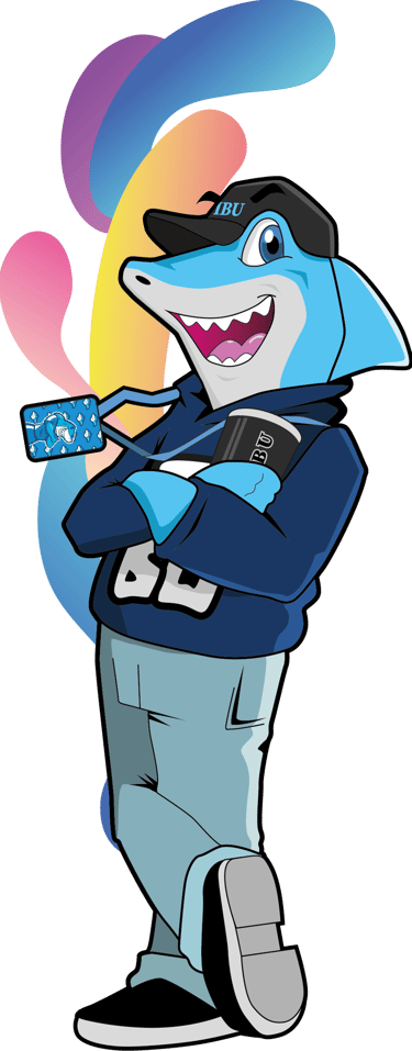 a cartoon sharky character in a baseball uniform