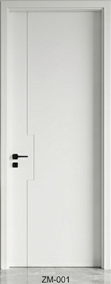 Modern minimalist white interior door with black handle and sleek geometric panel detailing.