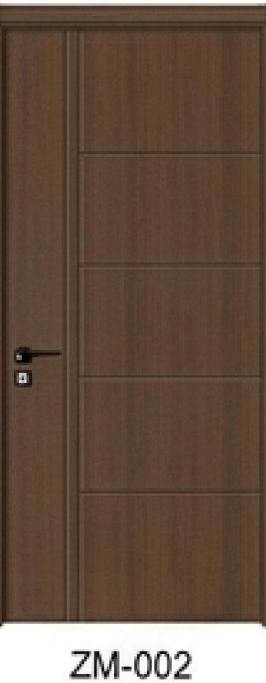 Modern dark walnut wood interior door with horizontal panels and black handle for home decor.