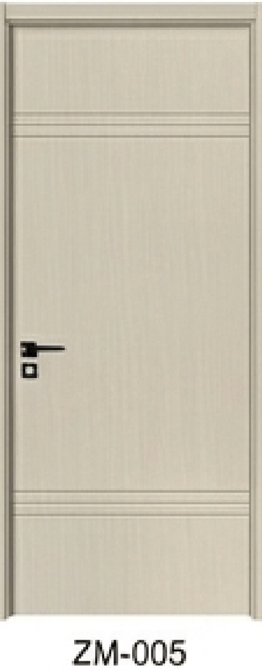 Modern light wood grain interior door with black handle and decorative horizontal grooves.