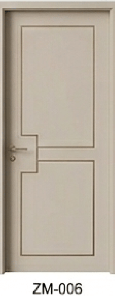Modern beige interior door with geometric recessed panels and a metallic handle.
