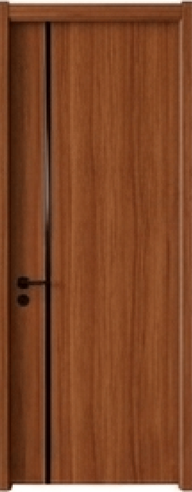 Modern walnut wood interior door with a vertical black metal strip and black handle.