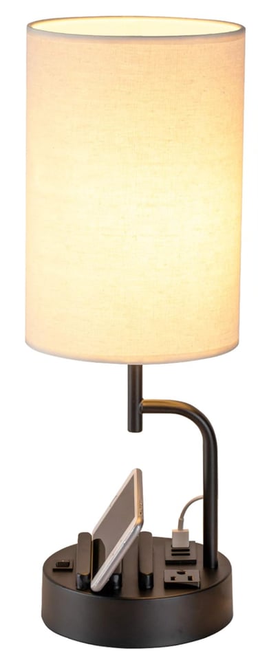 Modern bedside table lamp with USB ports, power outlets, and built-in phone charging stand.