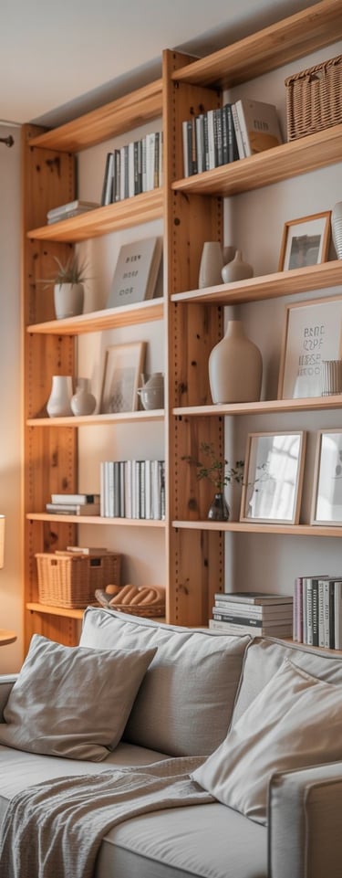 a couch with pillows in a living room and wall mounted shelves