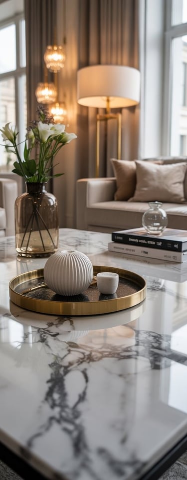 a living room with a marbled coffee table