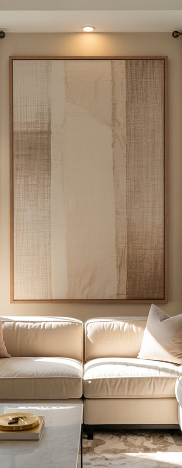 a living room with a couch a coffee table and fabric wall art