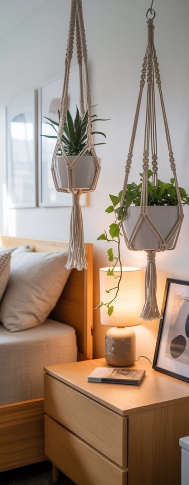 a bedroom with a bed and a nightstand with macrame plant hangers