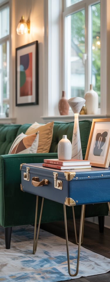 a blue suitcase on a table with a vase, books and picture frame
