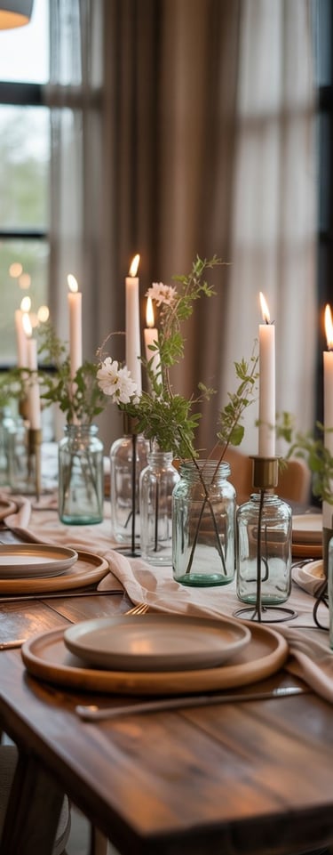 a table with candles, glass jars with flowers and lit candles