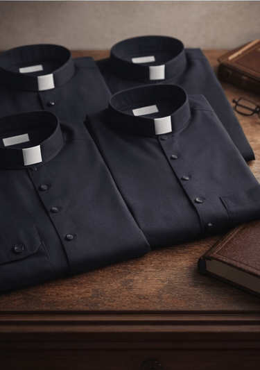 Black short sleeve and long sleeve clergy shirts with tab collars for priests and ministers