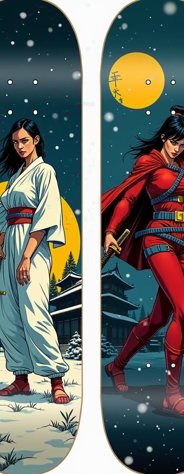 Custom skateboard decks featuring Japanese samurai women in a snowy landscape with katanas.