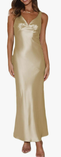 light yellow satin ankle length dress v cut neck