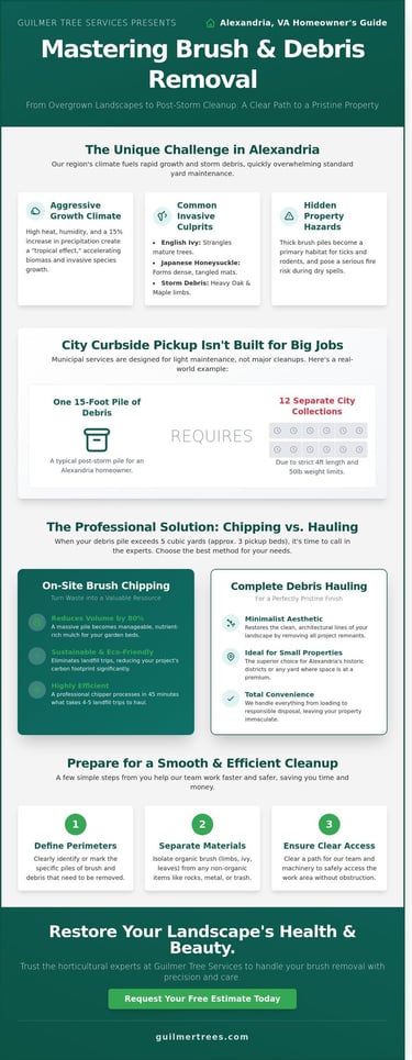 Infographic on professional brush removal in Alexandria, VA with key steps from a homeowner’s guide.