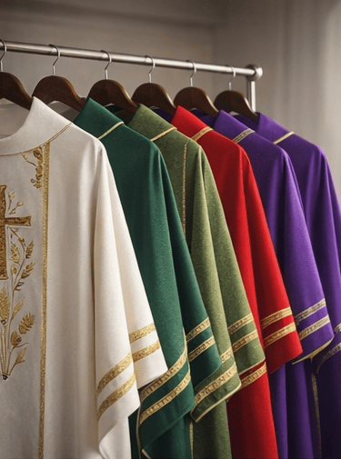 Various colors of clergy clothing including church stoles and priest robes