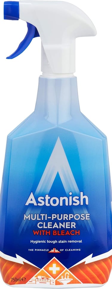 Astonish multi-purpose cleaner with bleach spray bottle for hygienic tough stain removal.