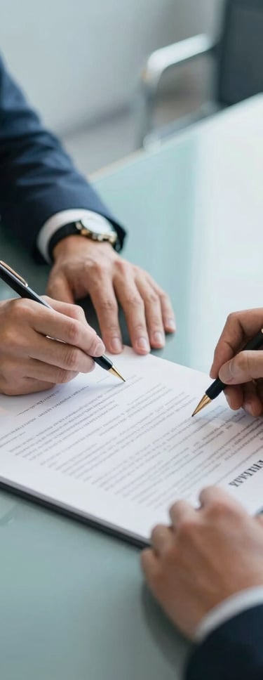 A detailed close-up of a professional partnership agreement being signed in a modern North American / Global Turkish corporate boardroom. The table reflects Soft Steel Blue and Muted Ocean Teal lighting, symbolizing trust and brand security.