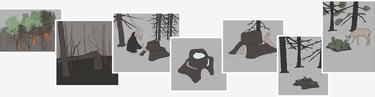 Illustration showing forest fire recovery stages from burning trees to wildlife returning to new growth.