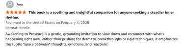 Five-star Kindle book review for Awakening to Presence highlighting mindfulness and inner rhythm.