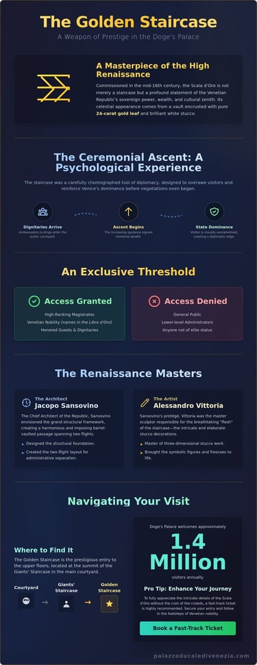 Infographic about The Golden Staircase in Venice's Doge's Palace featuring High Renaissance architecture and history.