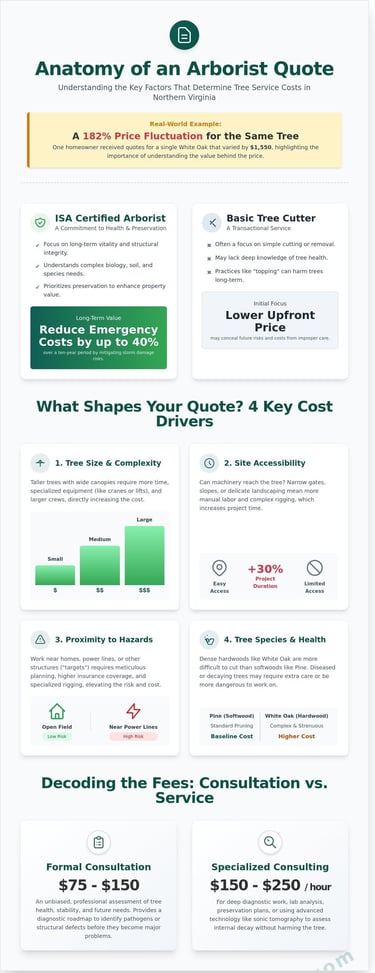 Infographic outlining 2026 arborist costs in Falls Church, VA to guide homeowners on pricing and hiring decisions.