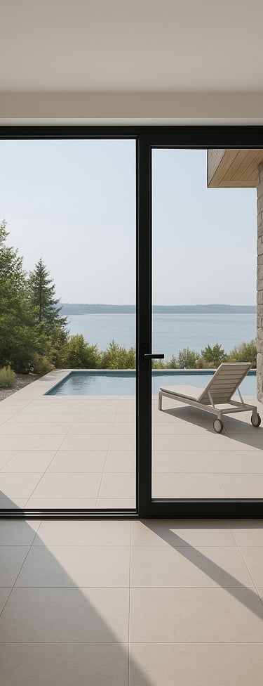 a large sliding glass door with a pool and lounge chairs