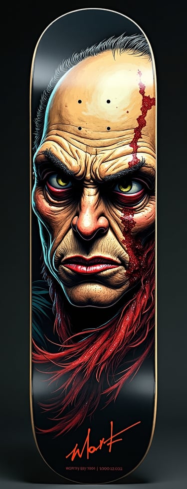 Custom skateboard deck featuring a detailed illustration of a sinister man's face with a bloody scar.