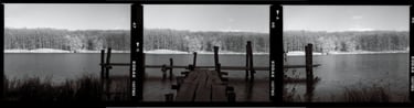 Composed black and white photo serene lakeside scene aged wooden dock calm waters dense forest in the background