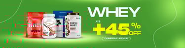 Banner promocional de suplementos Whey Protein com até 45% de desconto 