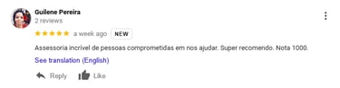 Avaliação 5 estrelas de cliente – “Assessoria incrível de pessoas comprometidas em nos ajudar. Super