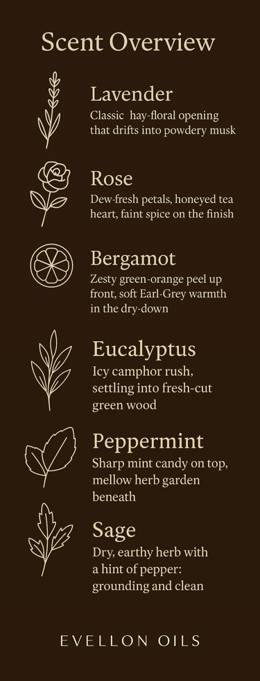 Chart describing six scents from lavender and rose to bergamot, eucalyptus, mint, and sage