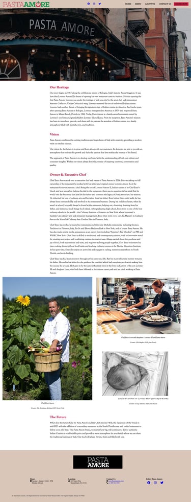 About Us webpage design featuring sections on heritage, vision, chef, and future, with various images and text.