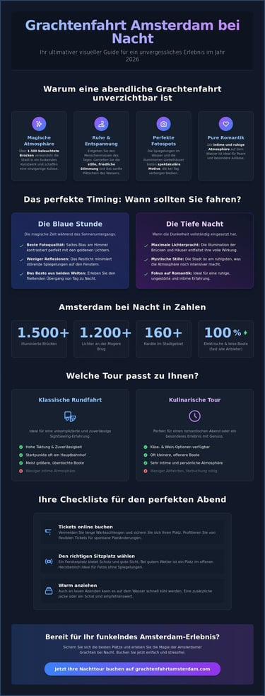 Infographic in German about Amsterdam canal cruises at night with tips on timing, statistics, and tour types.