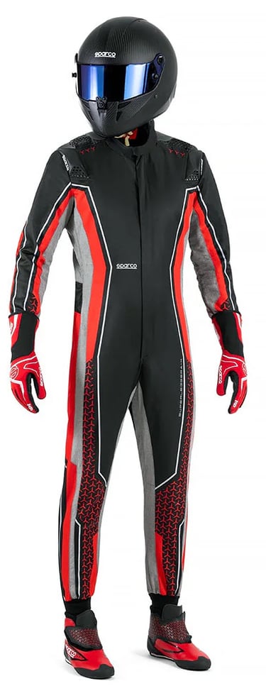 Professional Sparco karting suit in black and red with matching racing helmet, gloves, and boots.