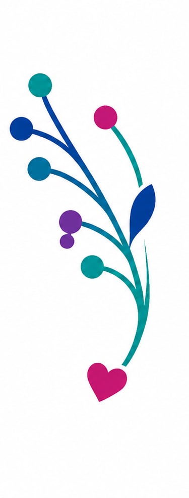 A minimalist floral logo design featuring a pink heart and colorful circular buds on teal and blue stems.