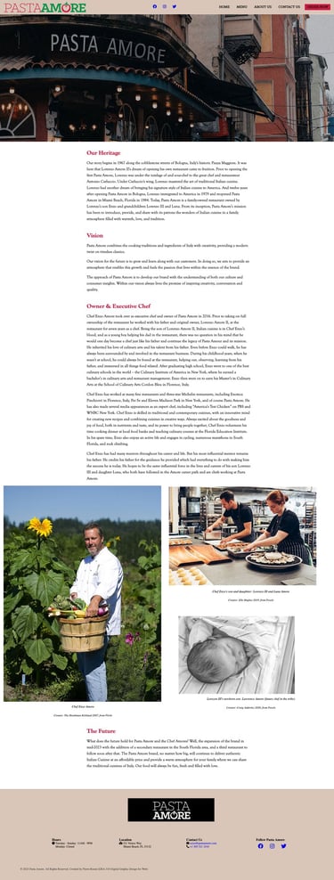About Us webpage design featuring sections on heritage, vision, chef, and future, with various images and text.