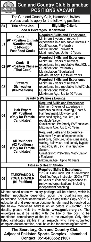 Gun and Country Club Islamabad Jobs June 2026 Advertisement