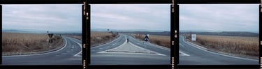 Composite color photograph of a winding road with traffic signs amidst fields, captured on KODAK PROFESSIONAL film