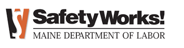 SafetyWorks Maine Department of Labor logo with black and orange graphic icon.