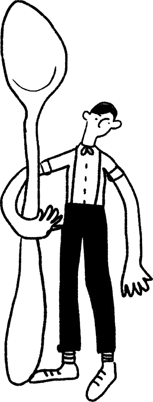 Disegno nero su bianco di pascal il clown, con in mano un mega cucchiaio