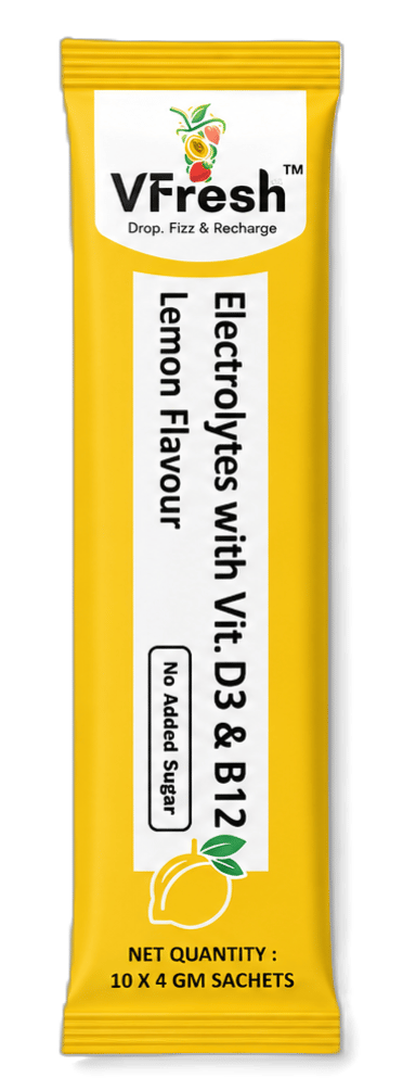 VFresh lemon electrolyte sachet with vitamin D3 and B12 for hydration.
