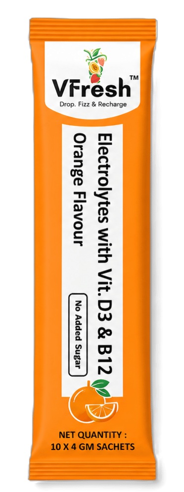 VFresh orange flavour electrolyte powder sachet with Vitamin D3 and B12 for hydration.
