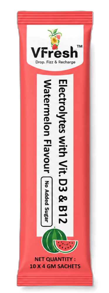 VFresh watermelon flavor electrolyte sachet with Vitamin D3 and B12 for hydration.