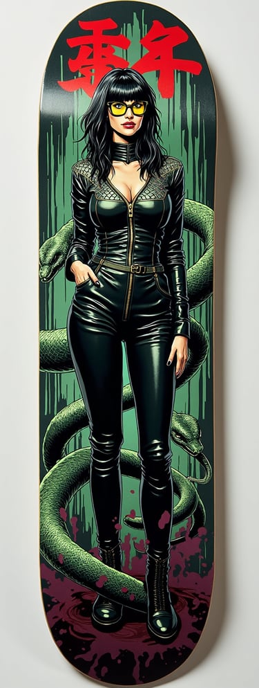 Custom skateboard deck featuring a comic art woman in a black leather suit with a green snake graphic.
