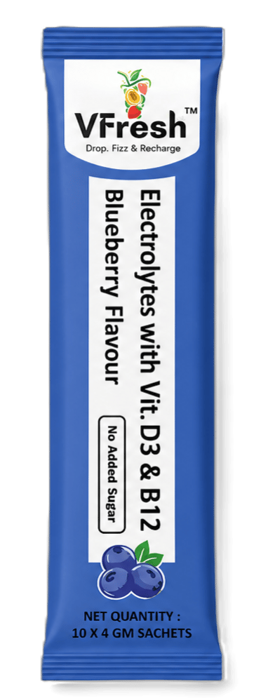 VFresh blueberry flavor electrolyte powder sachet with Vitamin D3 and B12 for hydration.